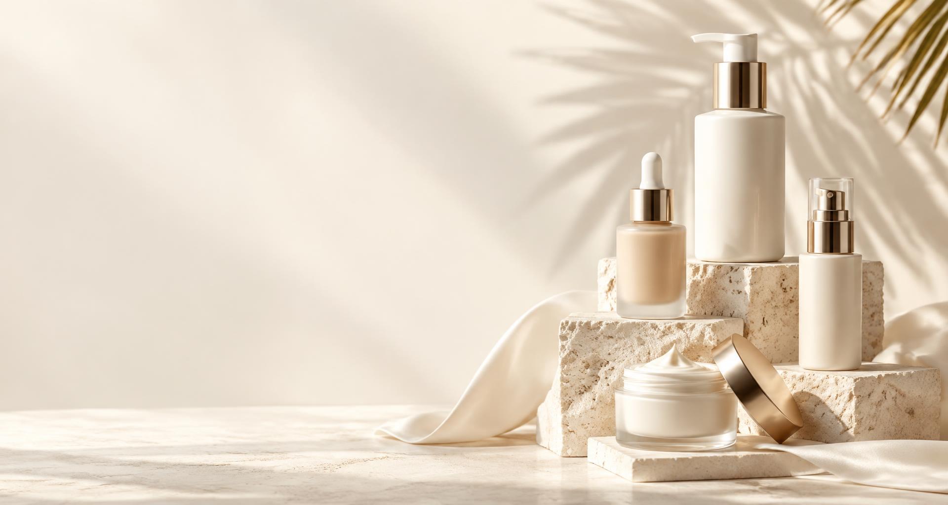 Beauty essentials with champagne accents on sculptural stone plinths